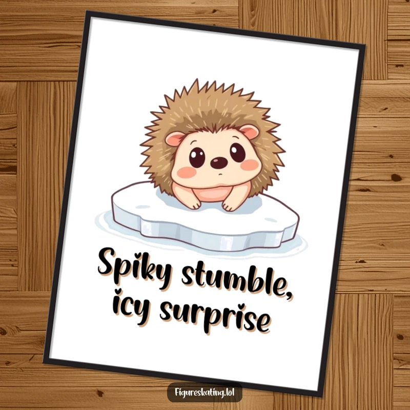 Funny Free Printable Wall Art: A tiny hedgehog comically slips on an icy surface, with a look of utter surprise.