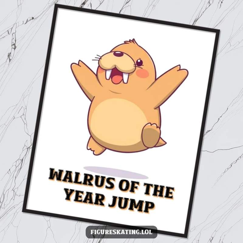 Funny Free Printable Wall Art: Cheerful walrus captured mid-air in a surprisingly light, energetic jump.