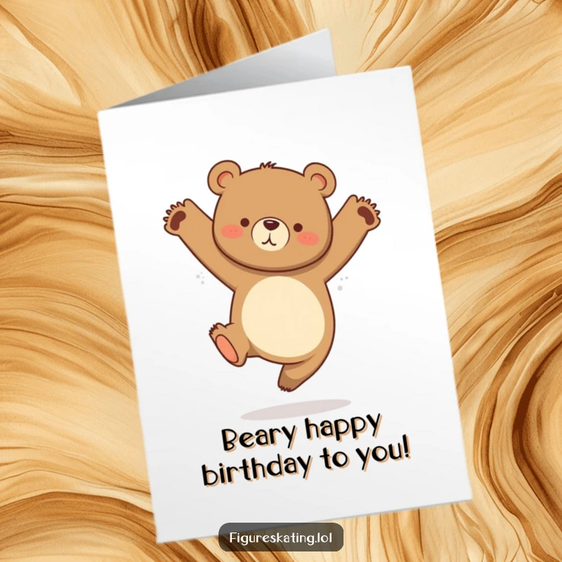 Funny Free Printable Birthday Card: A curious bear executing a graceful jump with legs tucked, ready for birthday fun.