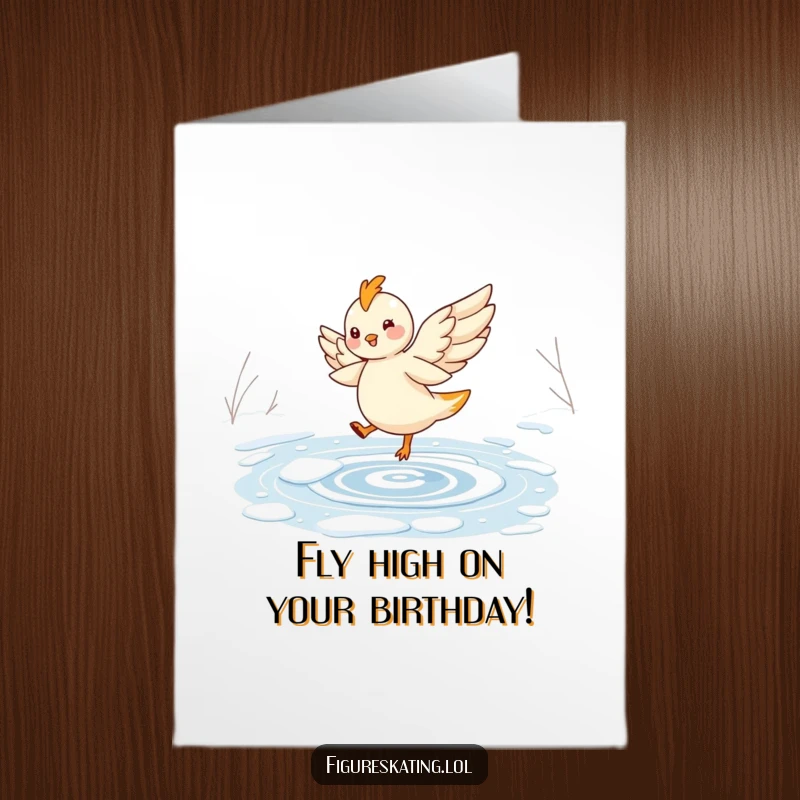 Funny free printable birthday card featuring a cheerful, winged fairy elegantly twirling on a frozen pond with a radiant smile.