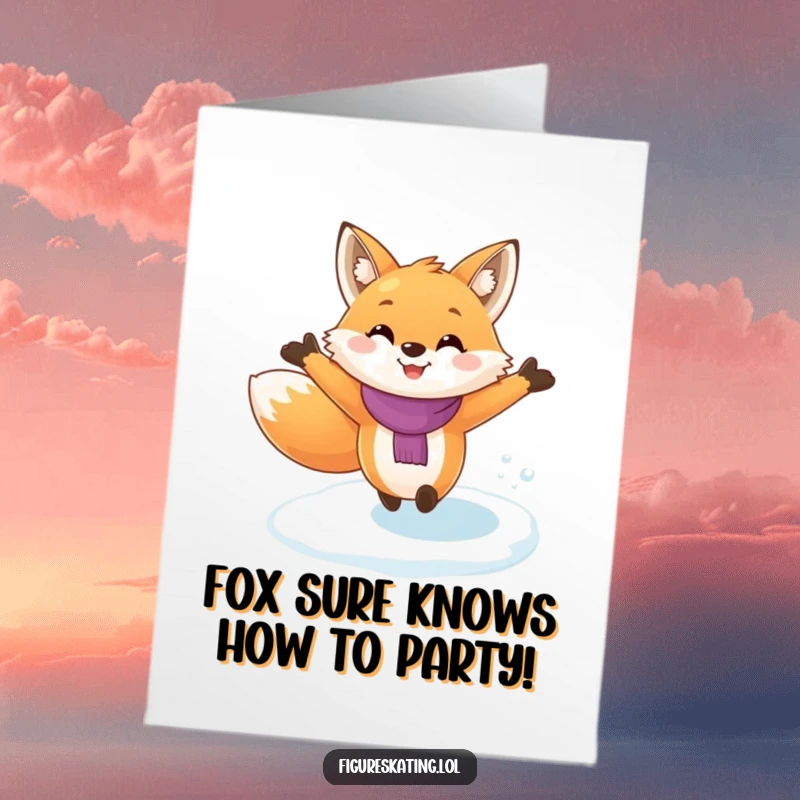 Funny Free Printable Birthday Card: A grinning fox gracefully ice skating with arms wide open.