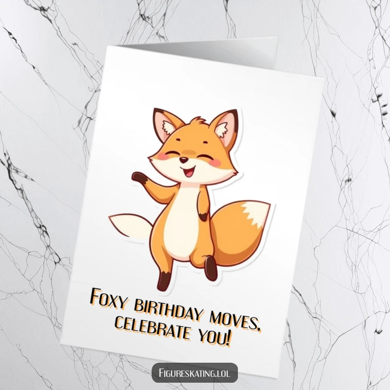 Funny Free Printable Birthday Card: A delighted fox twirling with a huge smile, celebrating their special day.