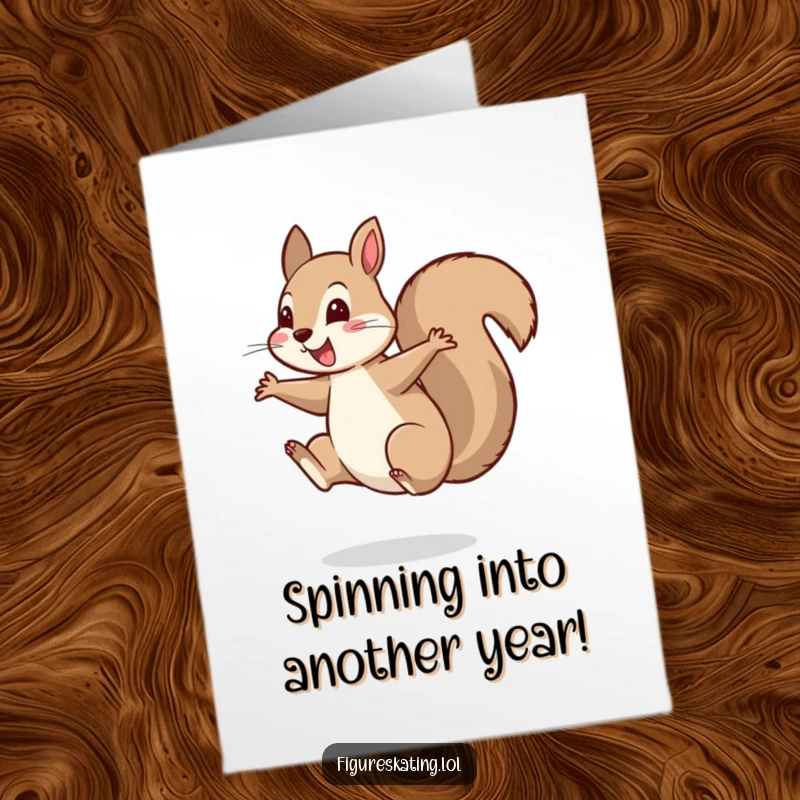 Funny Free Printable Birthday Card: A cheerful squirrel landing a perfect spin on one foot for a birthday.