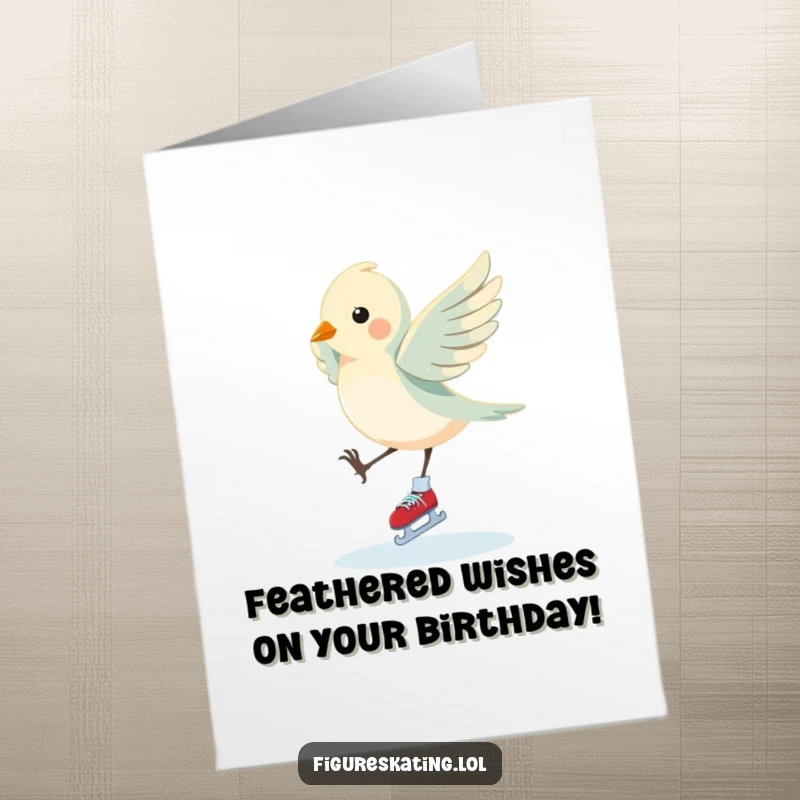 Funny Free Printable Birthday Card: Fluttering bird performing an elegant pirouette on ice skates with grace.