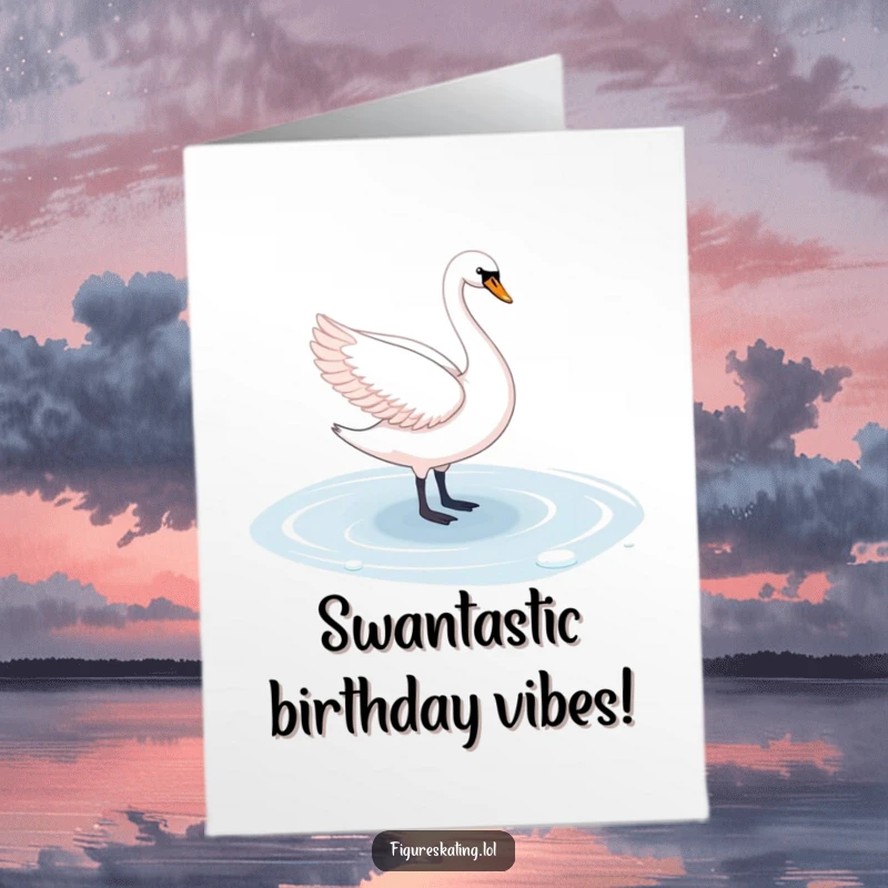 Elegant Free Printable Birthday Card: A graceful swan pirouettes on a frozen pond, conveying poise and beauty for a special occasion.