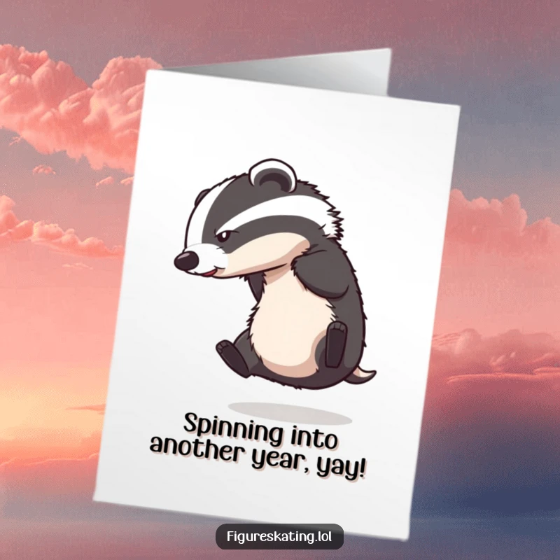Funny Free Printable Birthday Card: Determined badger spins out hilariously on ice, stick flying, a comical DIY gift