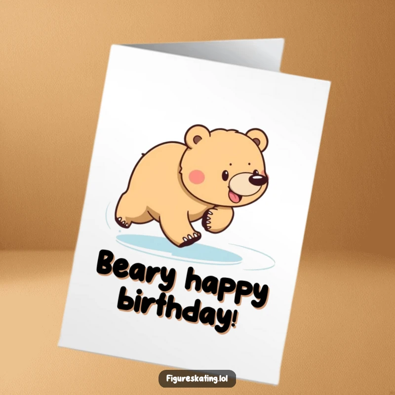Funny Free Printable Birthday Card: A determined bear sliding across ice with a wide, sweeping motion, looking surprisingly graceful.