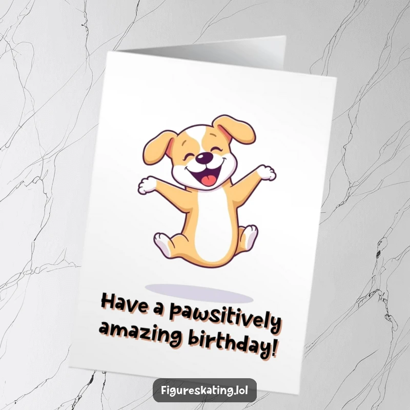 Funny Free Printable Birthday Card: A joyful dog mid-triple axel on ice skates, radiating pure birthday happiness.
