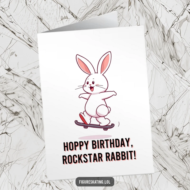 Funny Free Printable Birthday Card: A playful rabbit skating backward with a joyful leap for a birthday wish.