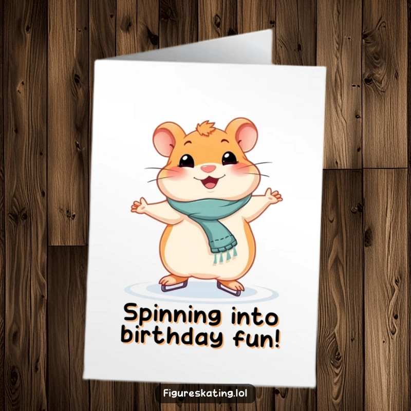 Funny Free Printable Birthday Card: A smiling hamster strikes a perfect, graceful ice skating pose. Instant download.