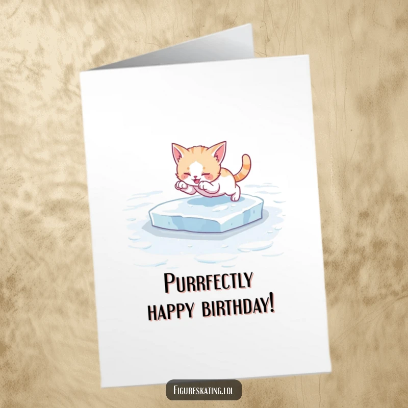 Funny Free Printable Birthday Card: A cute kitten mid-pounce on the ice, ready to celebrate.