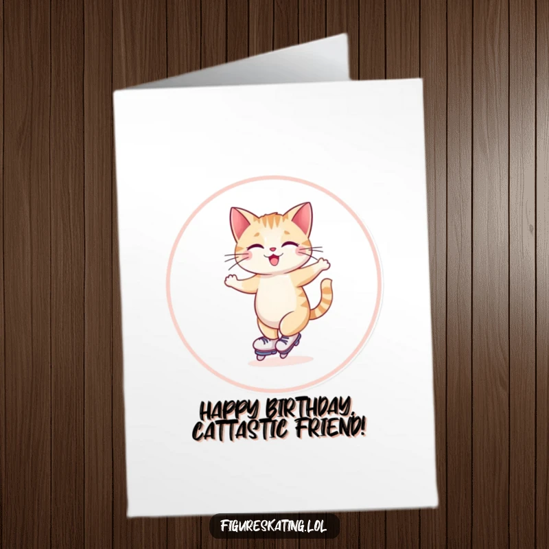 Funny Free Printable Birthday Card: A giggling cat skates gracefully in a wide circle, tail held high.