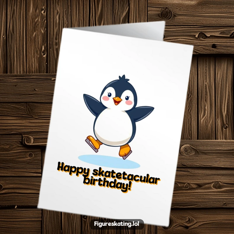Funny Free Printable Birthday Card: A happy penguin elegantly twirling on one ice skate, celebrating a birthday with flair.