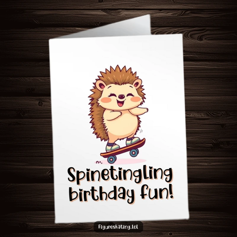 Funny Free Printable Birthday Card: A giggling hedgehog perfectly balancing on a single roller skate.