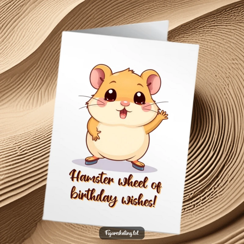 Funny Free Printable Birthday Card: Chubby hamster wobbling on ice skates, eyes wide with panic. A humorous DIY gift.
