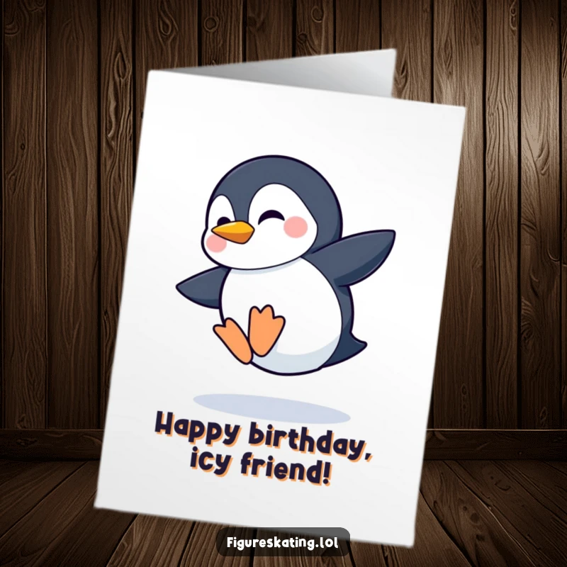 Funny Free Printable Birthday Card: A shy penguin attempts a wobbly jump, a hopeful grin on its face.