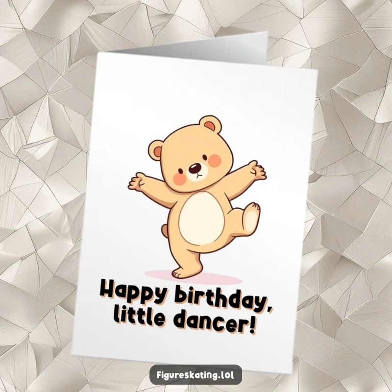 Funny Free Printable Birthday Card: Bear cub attempting a surprisingly elegant pirouette on its paws.