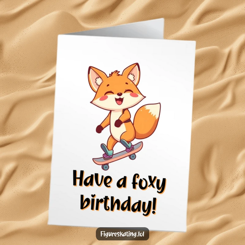 Funny Free Printable Birthday Card: A delighted fox gracefully skates backwards, a huge smile radiating pure birthday joy.