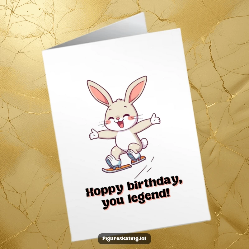 Funny free printable birthday card of a determined bunny executing a graceful jump on ice skates with a big smile.