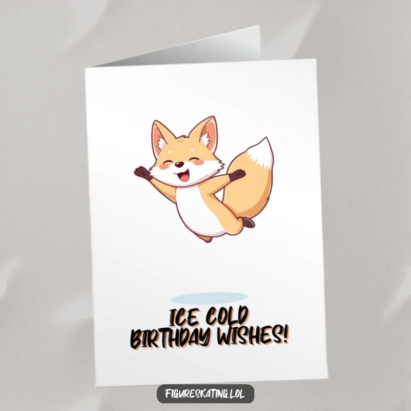 Funny Free Printable Birthday Card: Giggling arctic fox performing an epic figure skating jump with pure delight, downloadable art.