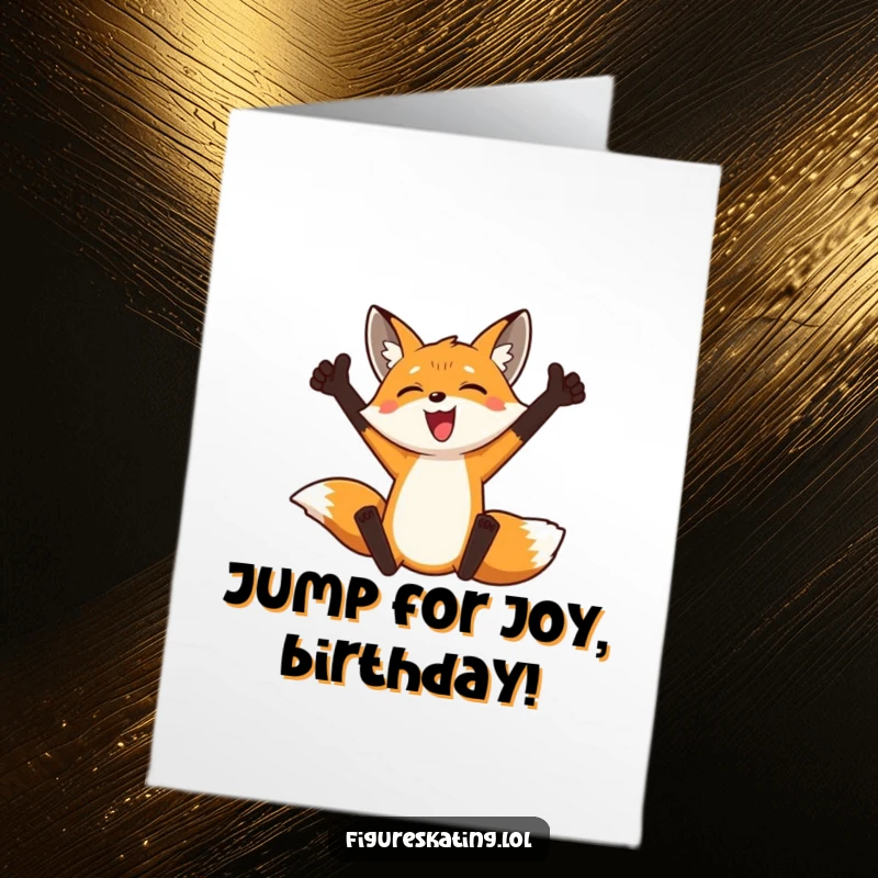 Funny Free Printable Birthday Card: A proud fox performing a daring triple jump with arms outstretched, full of acrobatic flair.