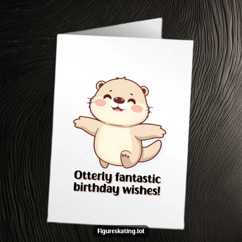 Funny free printable birthday card featuring a jubilant, fluffy otter gliding with arms wide in pure, happy celebration.