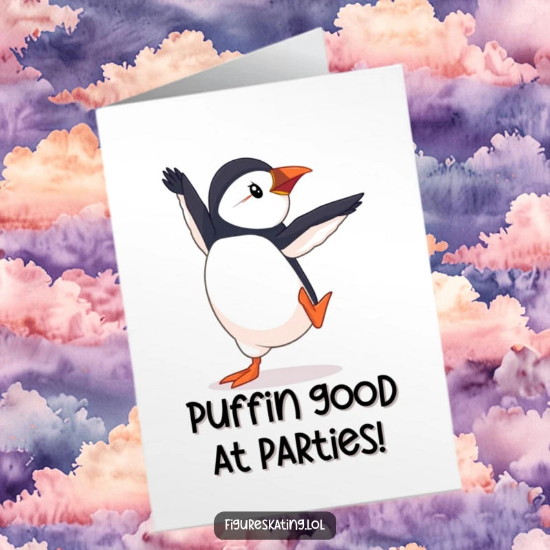 Funny Free Printable Birthday Card: Determined puffin doing a graceful pirouette on ice, ready to celebrate.