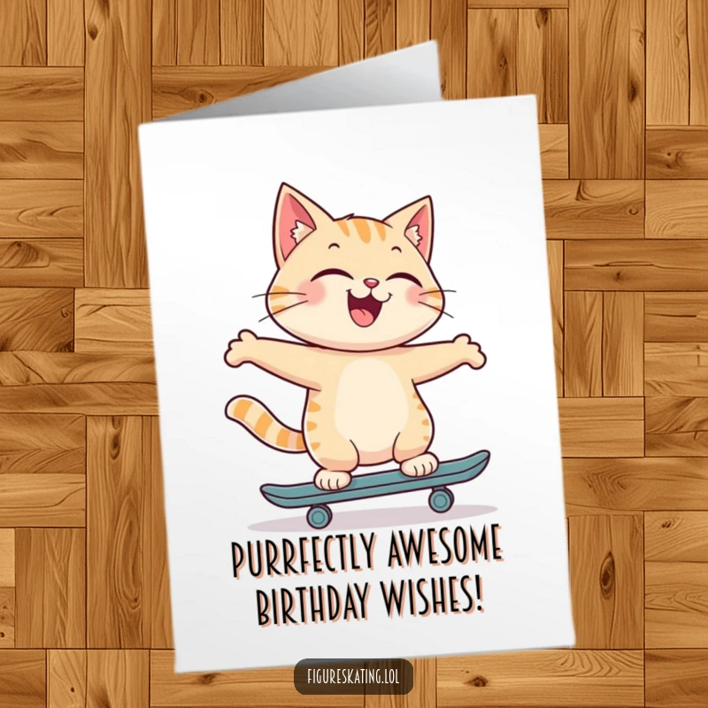 Funny Free Printable Birthday Card: Joyful cat skates backwards with a proud smile, cool and cheerful, downloadable art.