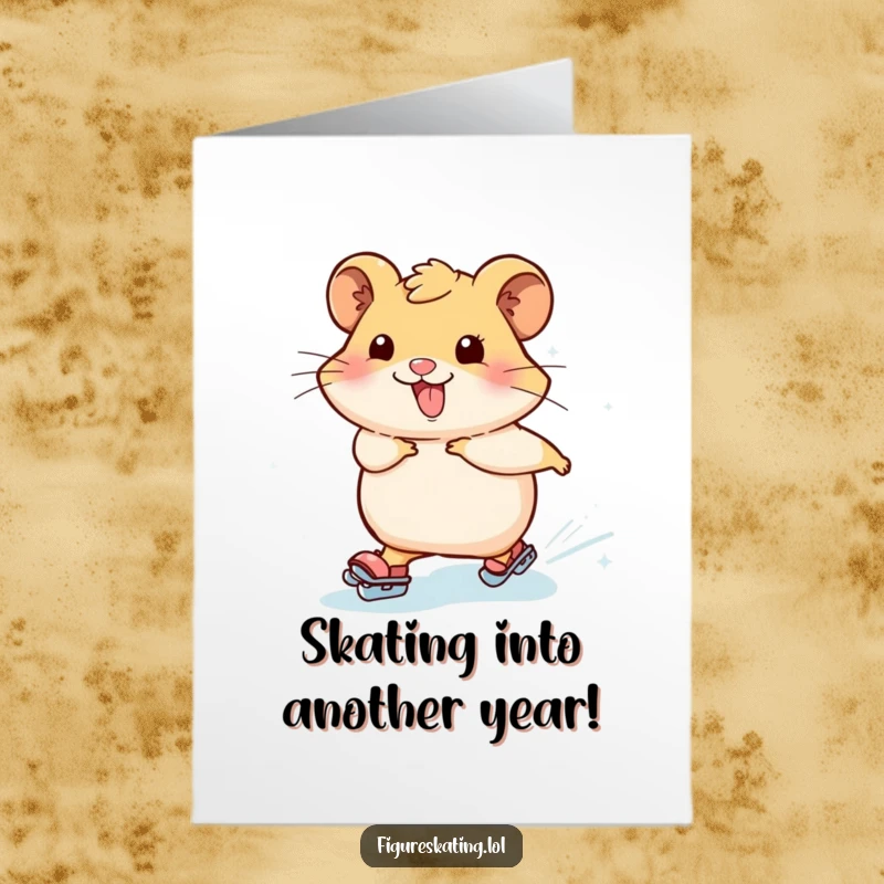Funny Free Printable Birthday Card: Happy hamster skating with icy sparkles, spreading birthday cheer, downloadable fun.