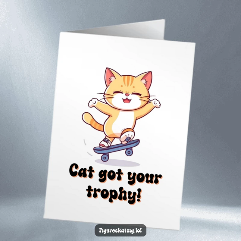 Funny Free Printable Congratulations Card: A determined cat spinning wildly on a single ice skate, celebrating a major win.