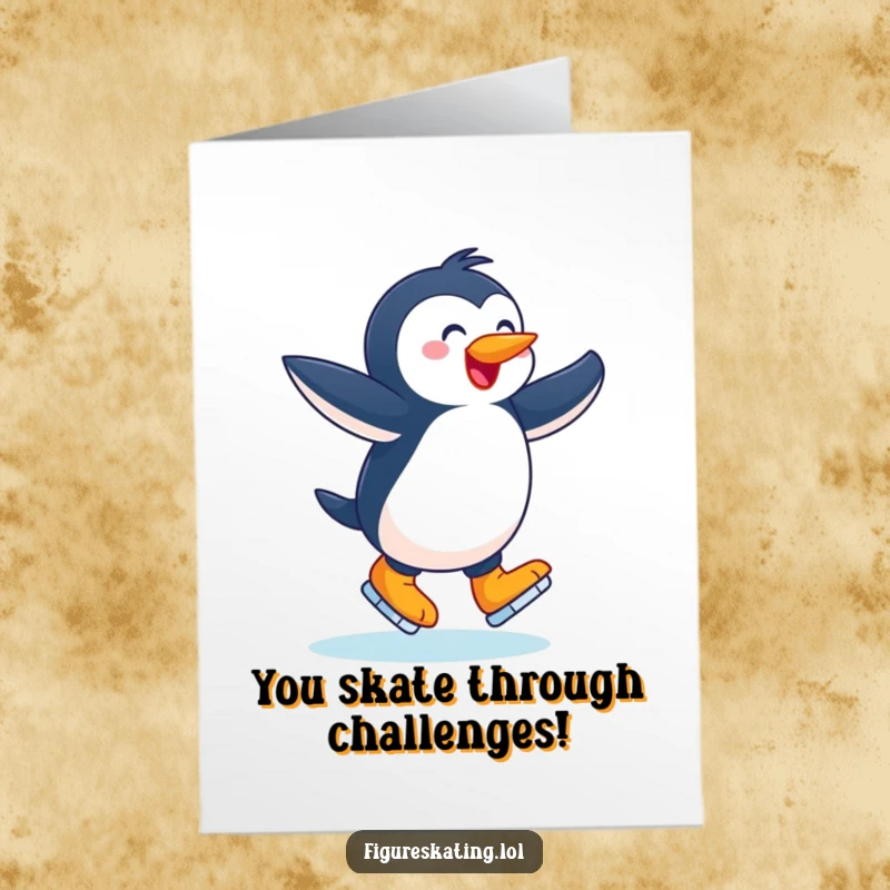 Funny Free Printable Congratulations Card: a joyful penguin twirling on ice skates, a witty and celebratory downloadable gift.
