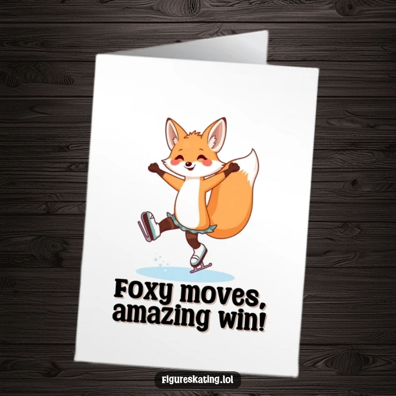 Funny Free Printable Congratulations Card: A graceful fox executing a perfect arabesque on ice skates, celebrating a grand achievement.