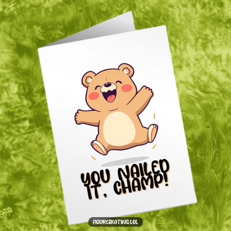 Funny Free Printable Congratulations Card: A beaming bear attempts a daring triple jump, celebrating a momentous achievement with a smile.