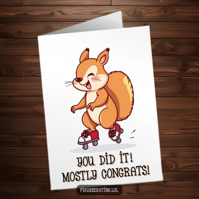 Funny Free Printable Congrats Card: Goofy squirrel nearly falls off skates while attempting a twirl, a unique greeting
