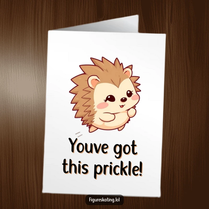 Funny Free Printable Congratulations Card: A happy hedgehog glides backward with a shy smile, celebrating success. Downloadable.
