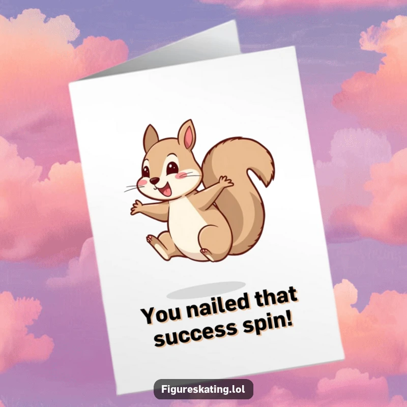 Funny Free Printable Congrats Card: A cheerful squirrel executing a flawless spin on one foot.