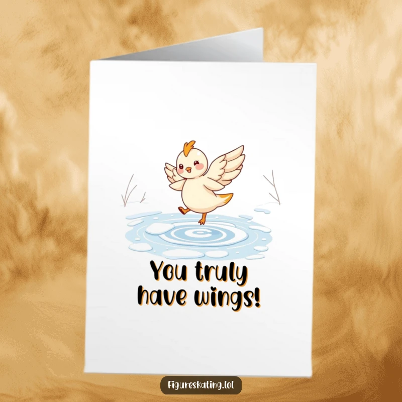 Funny free printable congratulations card of a cheerful, winged fairy gracefully twirling on ice, celebrating success with delight.