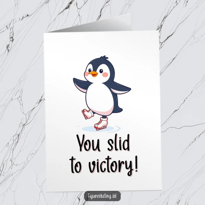 Funny Free Printable Congratulations Card: A joyful penguin ice skater mid-twirl, perfect for celebrating any special occasion.