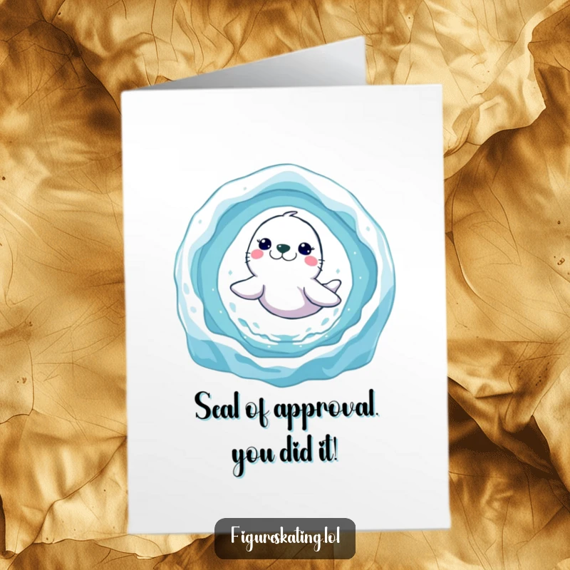 Funny Free Printable Congratulations Card: A happy seal soaring through a sparkling ice ring, celebrating a fantastic achievement.
