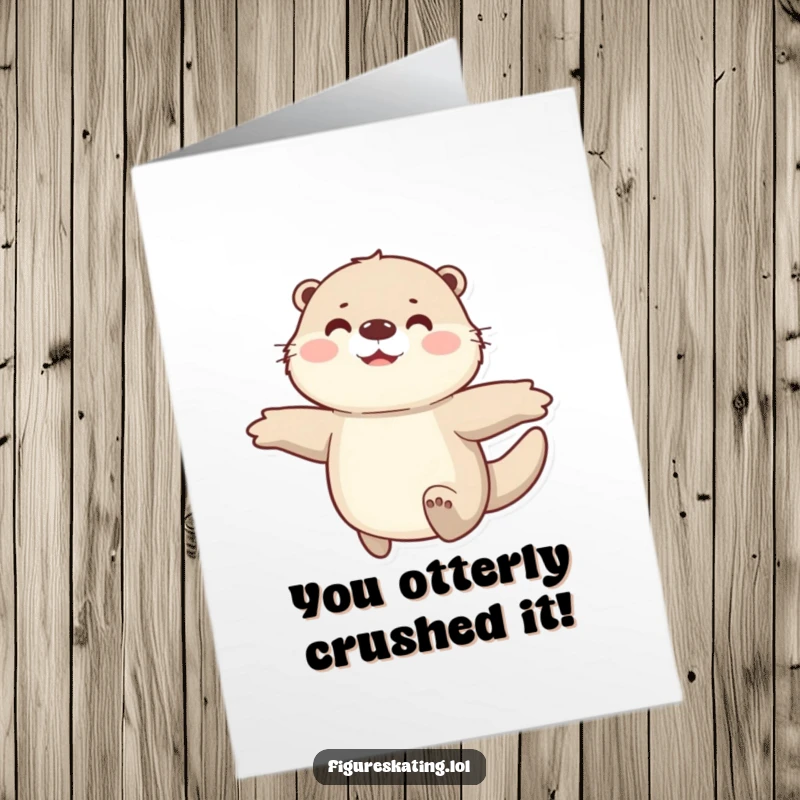 Funny free printable congratulations card showcasing a delighted otter smoothly gliding, arms open wide to celebrate your success.
