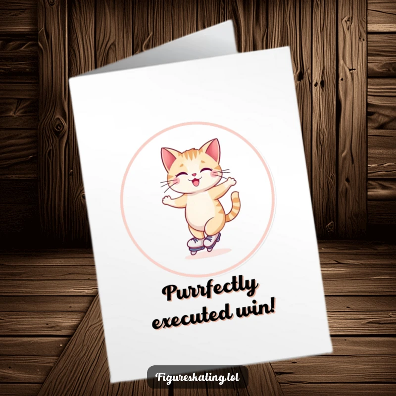 Funny Free Printable Congratulations Card: A giggling cat executes a graceful, wide circle skate with pure joy.