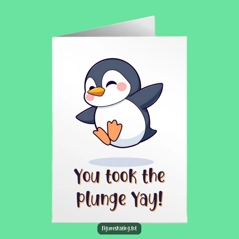 Free Printable Funny Congrats Card: Penguin Wobbly Jump Triumph Downloadable