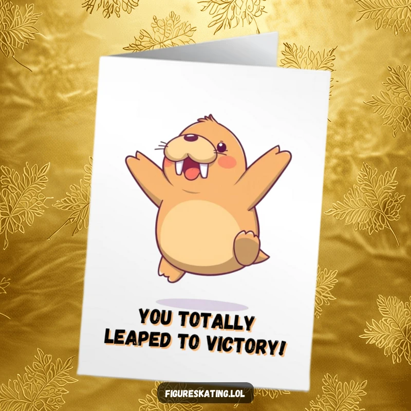 Funny Free Printable Congratulations Card: Cheerful walrus captured mid-air jump, celebrating a great achievement.