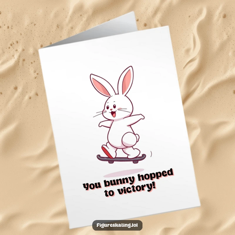 Funny Free Printable Congrats Card: A playful rabbit performing a joyful backward skate and leap.