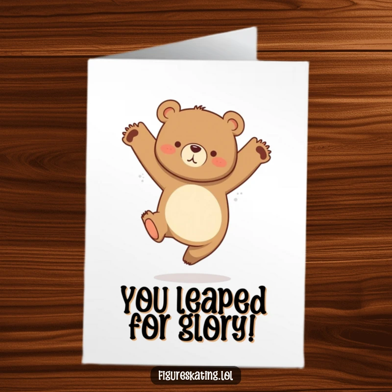 Funny Free Printable Congrats Card: A curious bear caught mid-air during a graceful jump to celebrate.