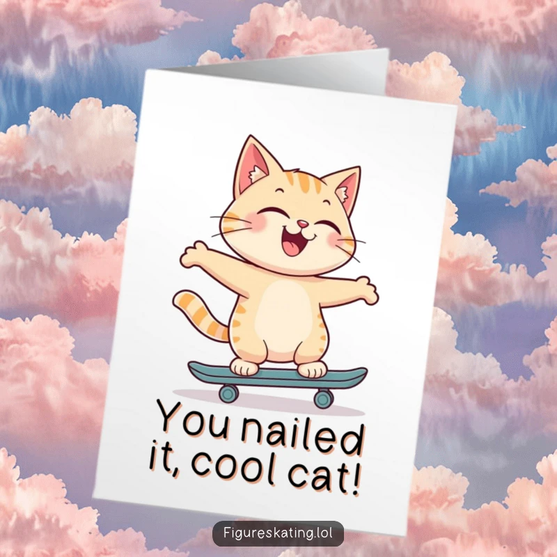 Funny Free Printable Congratulations Card: Joyful cat skates backwards with a proud smile, accomplished and cool, downloadable art.
