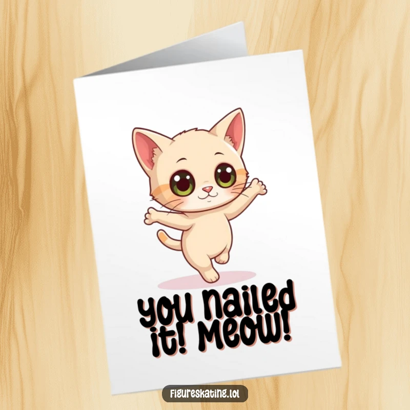 Funny Free Printable Congratulations Card: A curious cat wide-eyed attempts a pirouette, celebrating your stunning success.
