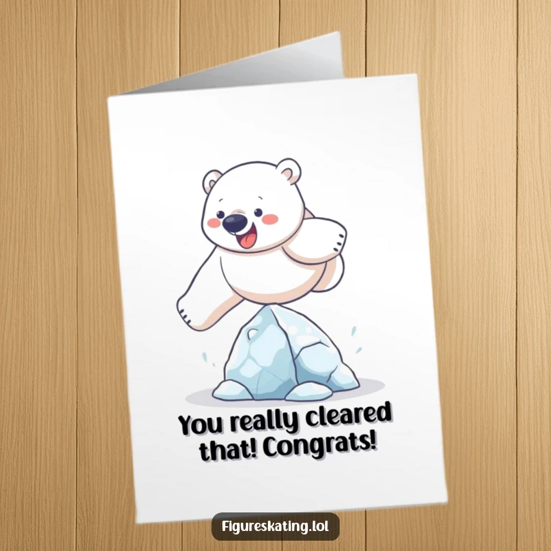 Funny Free Printable Congratulations Card: A determined polar bear soaring over an ice sculpture, cheering success.