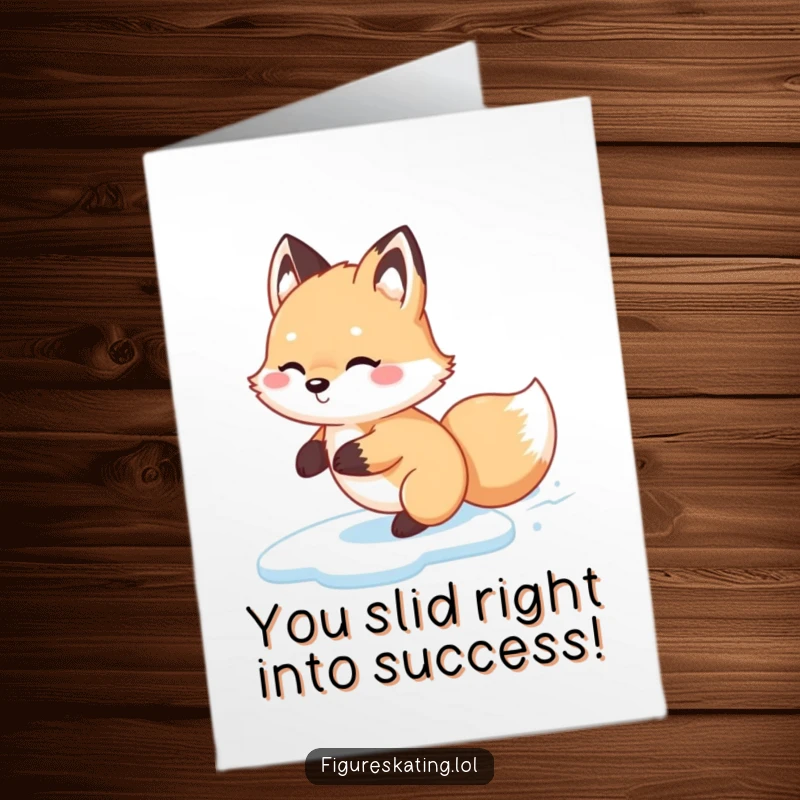 Funny Free Printable Congratulations Card: Fluffy fox smoothly gliding backwards on ice, celebrating a win.