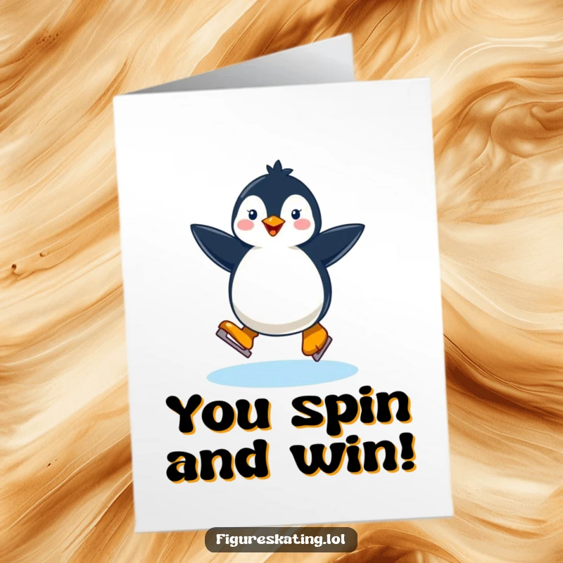 Funny Free Printable Congratulations Card: A penguin gracefully twirling on a single ice skate, symbolizing elegant achievement and skill.